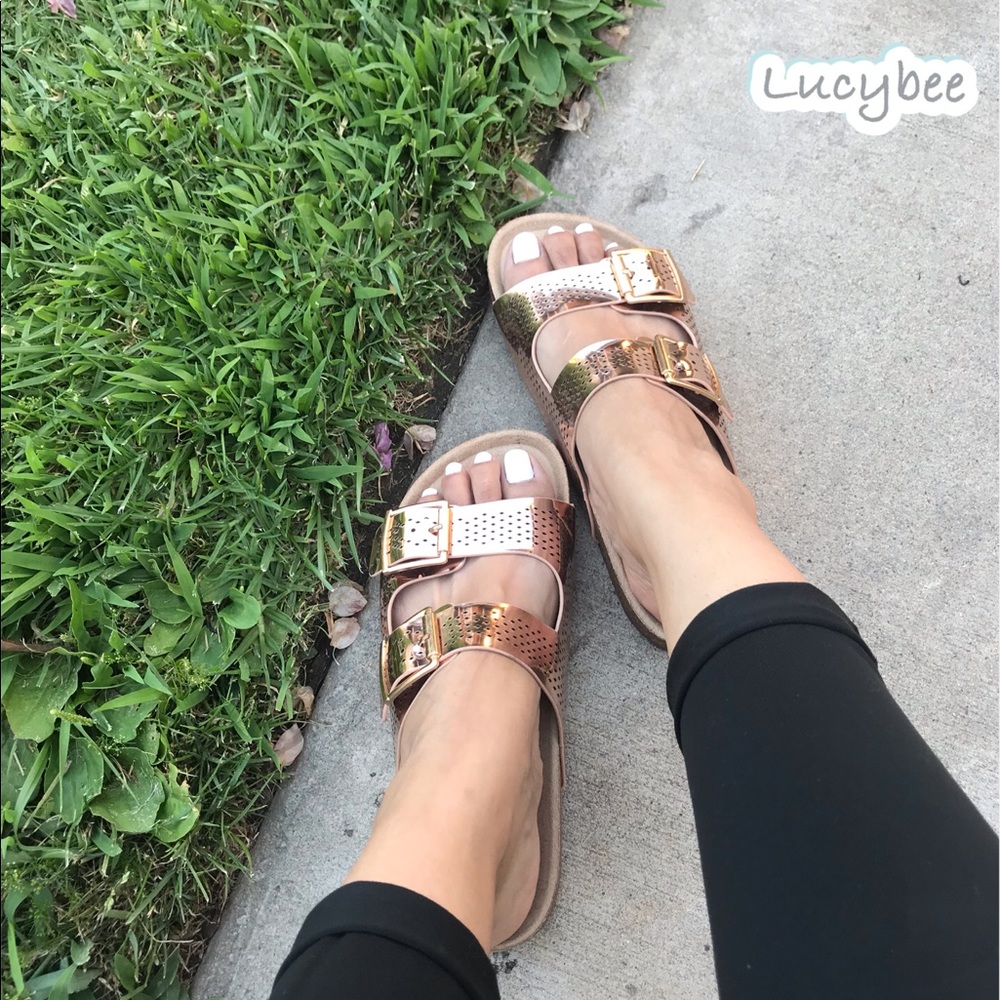 RoseGold Double Buckle Footbed Slides Sandals✨ - Picture 2 of 6